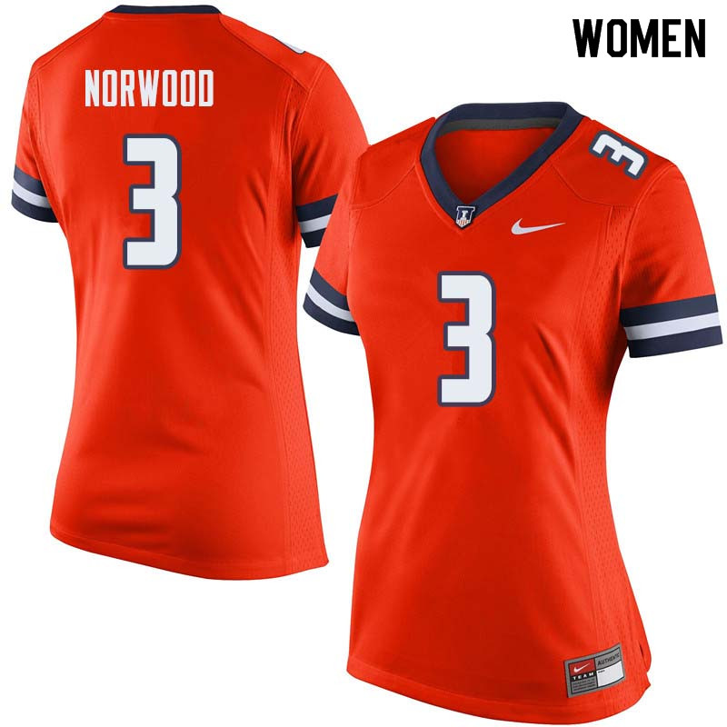 Women #3 Jakari Norwood Illinois Fighting Illini College Football Jerseys Sale-Orange